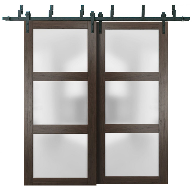 Portes de grange en verre givré Lucia avec quincaillerie d'installation, 48 po x 96 po, Frêne chocolat
