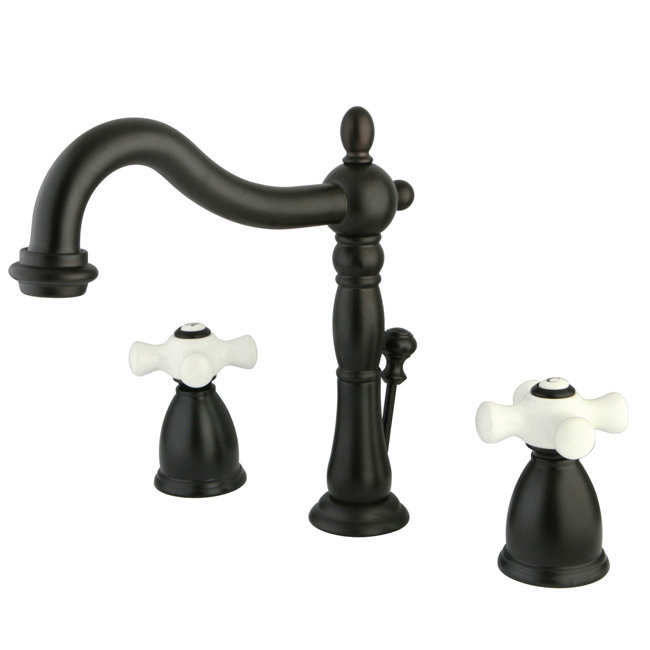 Robinet pour salle de bain espacé avec poignées doubles en croix de porcelaine Heritage, Laiton poli