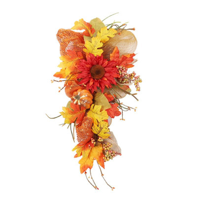 Fall Teardrop Door Swag with Burlap Mesh, Red Sunflower & Mini Pumpkin, Thanksgiving Harvest Wall Decor