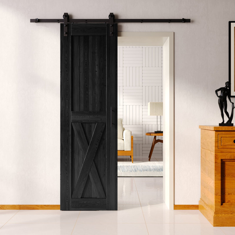 Homacer 96inch high black unassembled & finished x design barn door with single door non-bypass installation hardware kit, interior use only