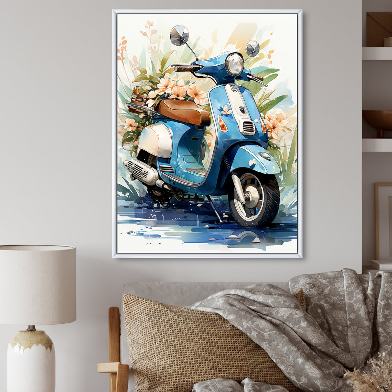Bleu, scooter côtier, croiseur II, art mural de salon, H 20 po x l 12 po x P 1 po, Cadre flottant blanc