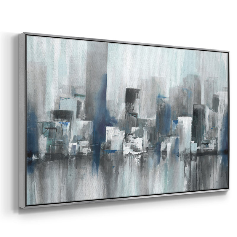 " Cityscape In Blues ", Silver, 27" H x 41" W x 2" D