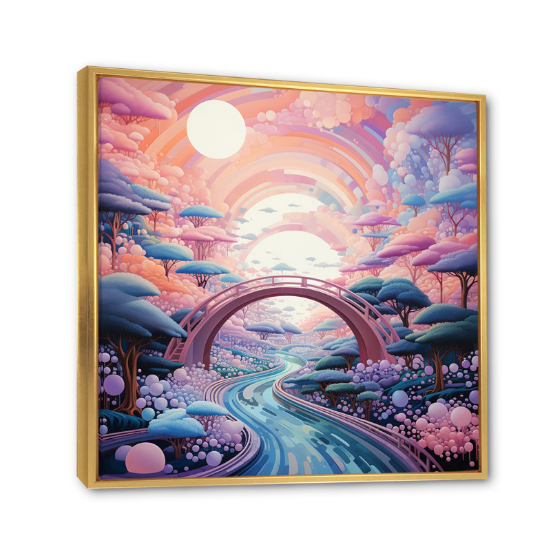 «Coral Bridge Dreamy Passage Pointillism II», reproduction sur toile, H 30 po x l 30 po, Cadre flottant doré