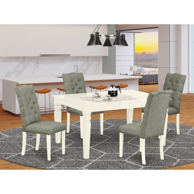 5 Piece Dining Set Includes a Rectangle Dining Room Table with Butterfly Leaf and 4 Gray Linen Fabric Upholstered Chairs, Linen White