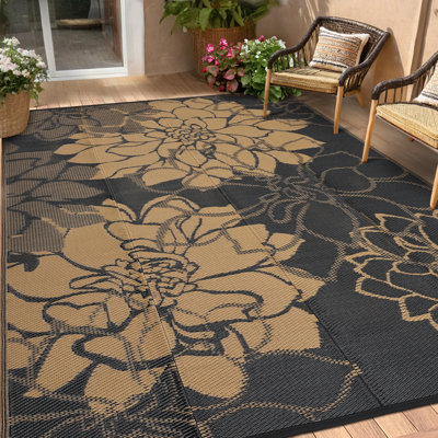 Tapis d'extérieur imperméable et réversible pour l'extérieur - grande paille en plastique, résistant aux rayons UV et aux marques, tapis floral - pliable, sac de transport et piquets - patio, terrasse, camping-car, camping, balcon - Taille: 9 x 18 pi, brun noir, États-Unis