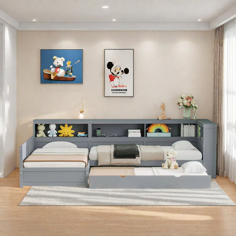 L-shaped Daybed With Trundle And 1 Drawer, Storage Shelves And Charging Station, Gray
