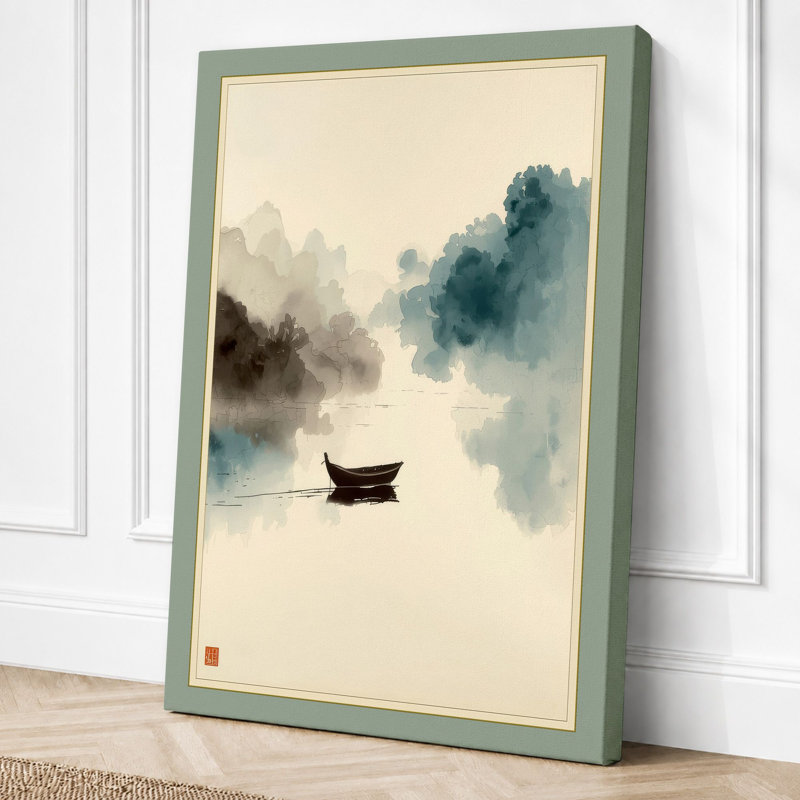 Solitary Boat in Mist Japandi - Wrapped Canvas, 36x24 - 91.4 x 61.0 cm, Sage Border