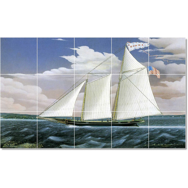 21.25" x 12.75" Ceramic Painting Decorative Mural Tile 4.25" x 4.25", James Bard Boat Ship Painting W22090