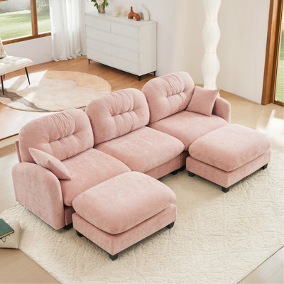 Canapé modulaire en U modulaire avec repose-pieds, tissu chenille de qualité supérieure, avec 2 coussins décoratifs, dossier rembourré en mousse à haute densité, facile à installer, convient aux chambres à coucher, aux coins de lecture, rose