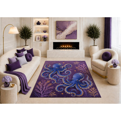 Tapis à poulpe bleu 5 pi x 7 pi «Ultra Light Poids», art de la mer sous-marine mauve pour la chambre à coucher, décor de maison de plage, envers en silicone antidérapant