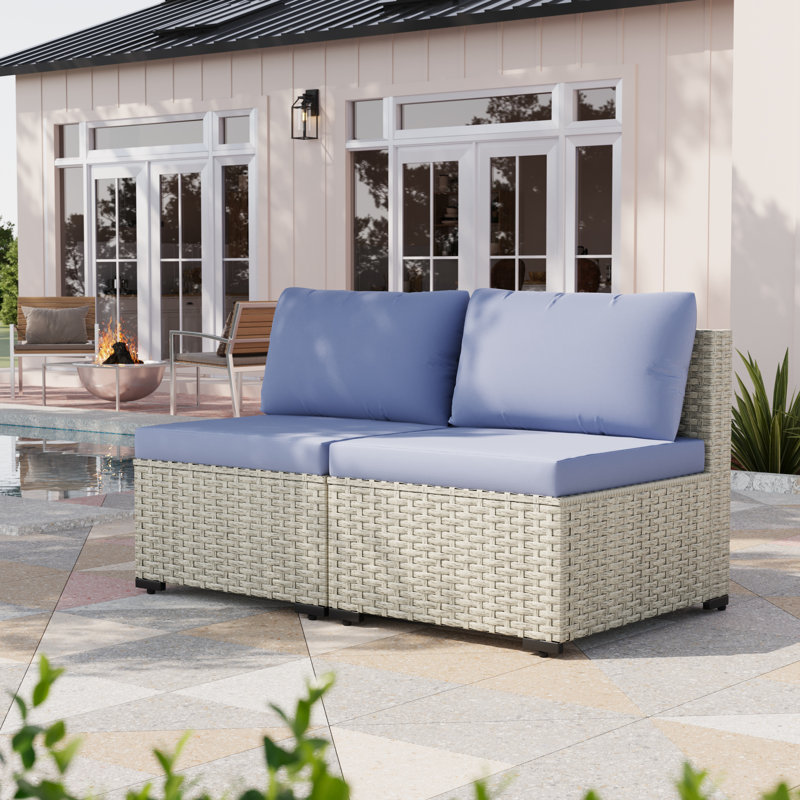 2 Pieces Design- Rattan Patio Sofa With Cushions, Haze Blue