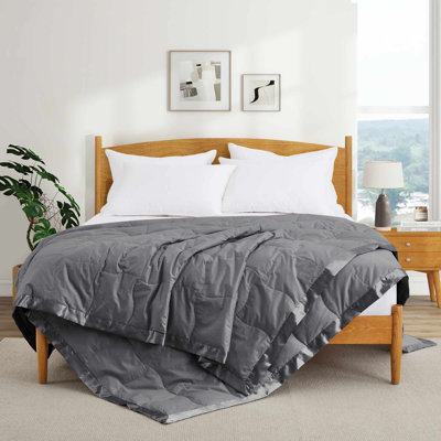 Goose Feather Fiber & Down Blanket, All-Season Bedding Comforter with Satin Trim - Soft Breathable Shell - for Layering - Machine Washable
