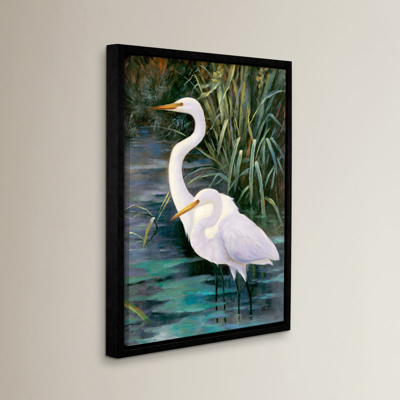 «Snowy Egrets II», photographie sur toile, H 10 po x l 8 po x P 2 po, Cadre flottant noir