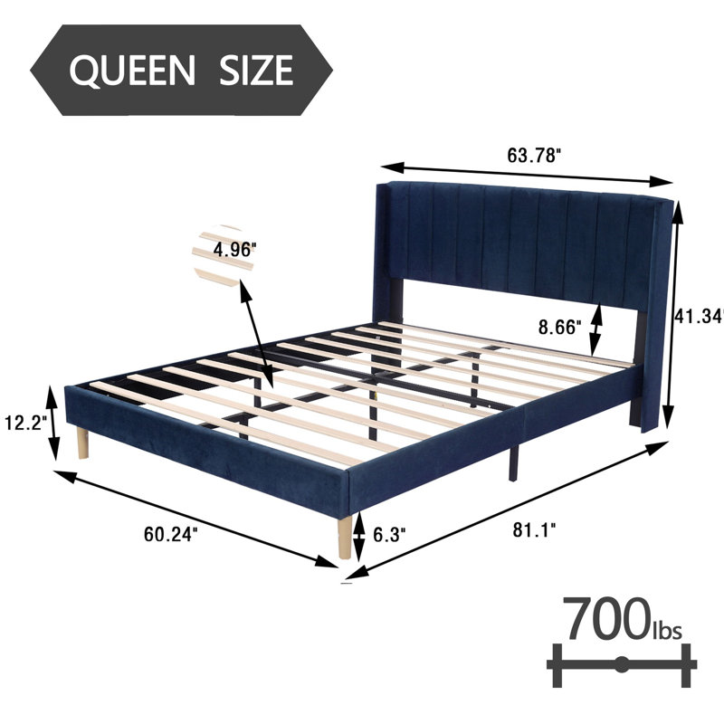 Upholstered Wingback Bed, Queen, Blue