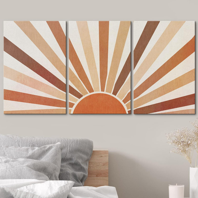 Soleil orange brillant sur l'horizon, impression géométrique sur toile, 3 pièces, H 24 po x l 48 po x P 1,5 po, Toile tendue