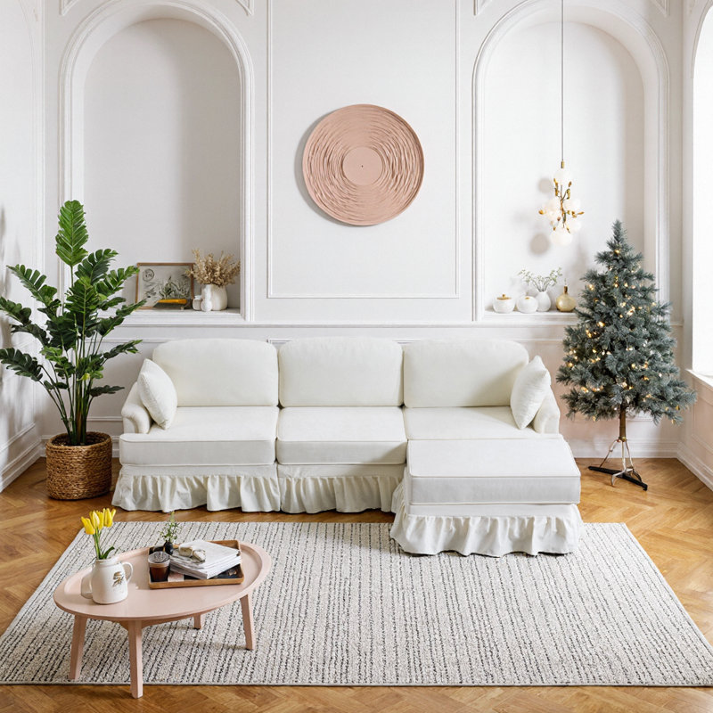 Canapé modulaire moderne en L à 4 places avec jupe amovible, assise profonde et coussins ajustables, White