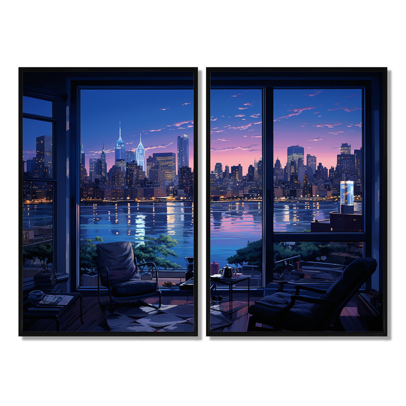 Blue Nyc At Night Window View III - Industrial Art Prints On Canvas 2-Pieces, Black, 36" H x 48" W, Floater Framed Print