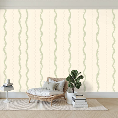 Peel and Stick Wallpaper 96" W x 69" H Modern Self Adhesive Wall Mural for Bedroom Soft Green Beige Wavy Stripe Design