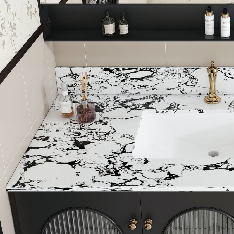 Plateau de meuble-lavabo 43 po x 22 po avec lavabo en céramique encastré, dosseret et trou pré-percé, marbre artificiel blanc Panda