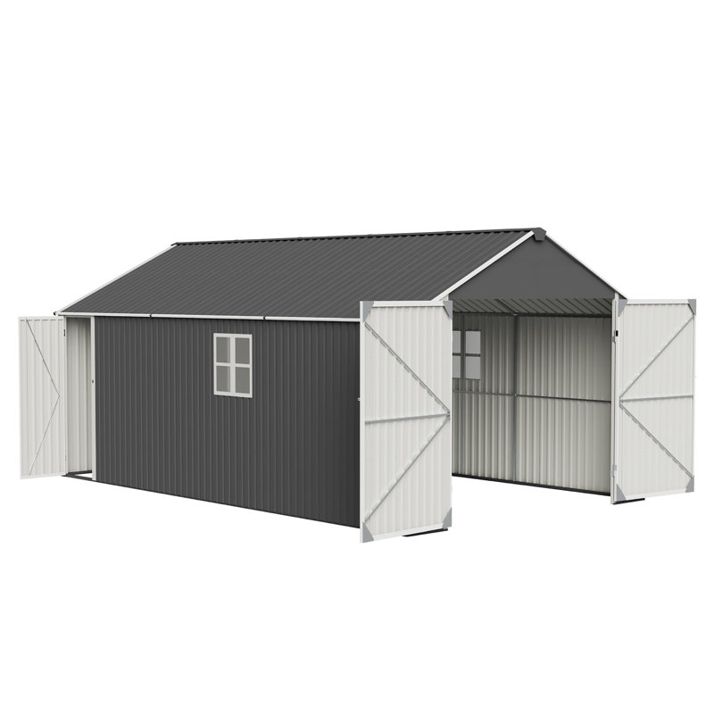 12 Ft. X 20 Ft. Metal Garage Shed Outdoor Storage Building With Double Doors & Windows, Steel Carport For Car Or Truck, Dark Gray