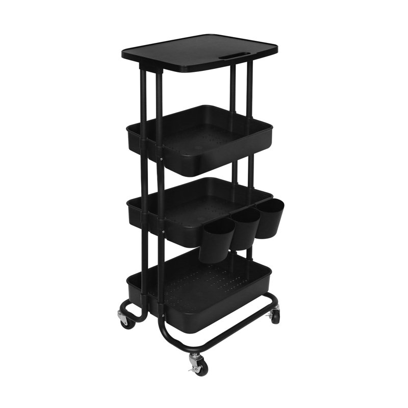 4 Tier Utility Cart Rolling Metal Organization Cart with Table Top & 3 Hanging Cups & Lockable Wheels, Multifunctional Storage Baskets for Kitchen Living Room Office