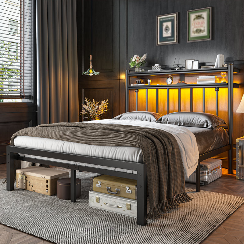 Metal Bed Frames With 2-Tier Storage Headboard And LED Light,No Box Spring Needed, Noise-Free,Easy Assembly, Full, Black 