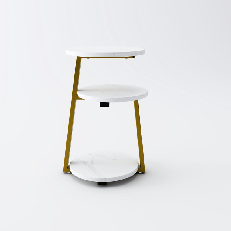 Petite table d'appoint ronde à 3 niveaux en or blanc, extrémité en métal idéale pour organiser des magazines et des décors, cadre compact polyvalent à tablettes ouvertes, rangement pour livres, assemblage facile dans la chambre à coucher