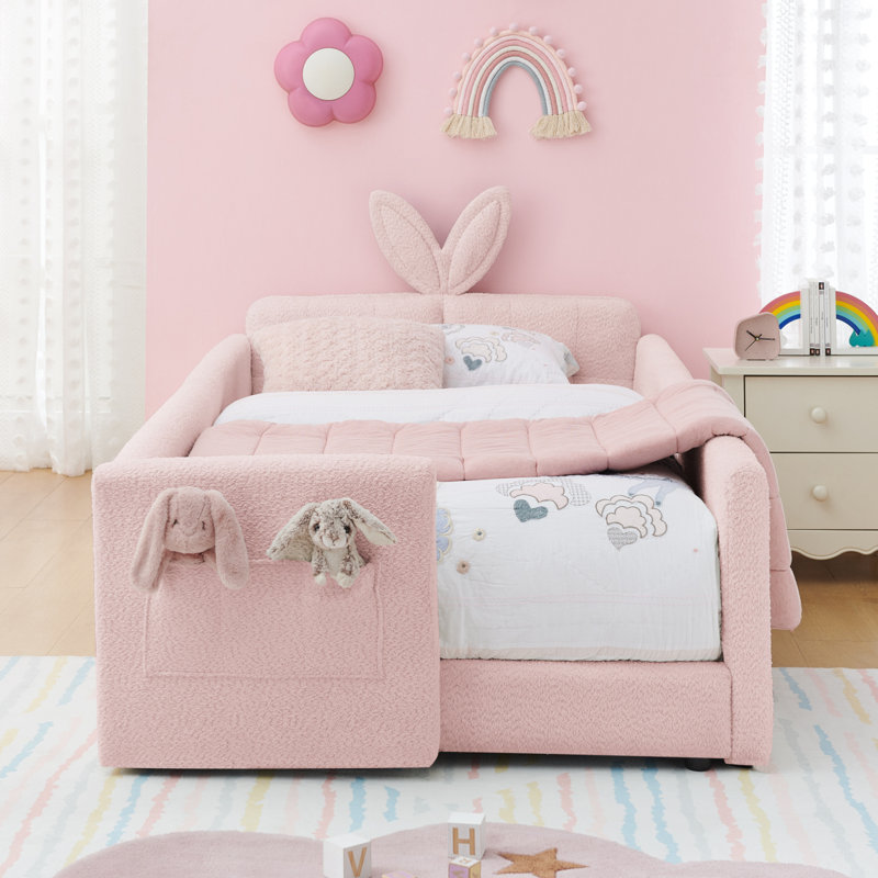 Twin Size Upholstered Platform Bed With Cute Rabbit Ear Shaped Headboard, With Safety Rail And Pocket, Boucle Fabric, Pink