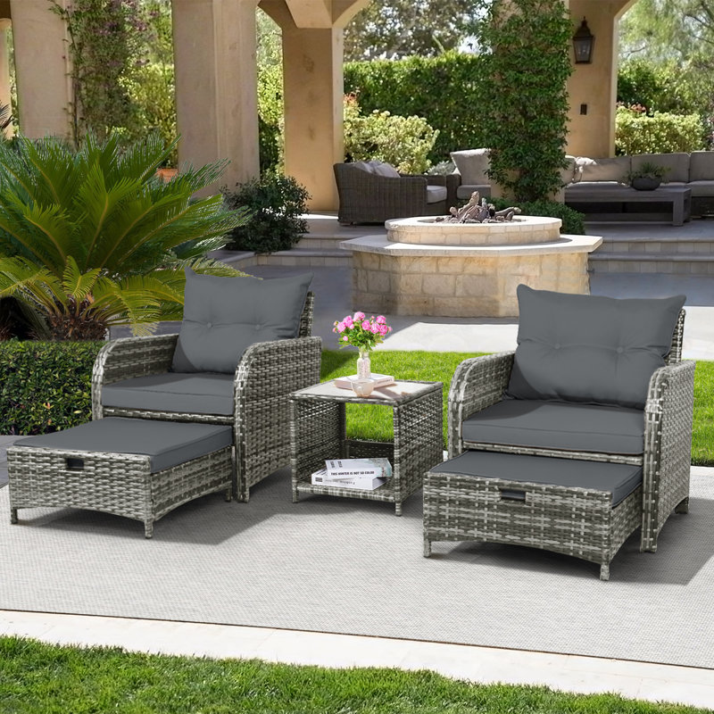 Nevart 2-Person Outdoor All-Weather Wicker Conversation Set with Ottomans and Coffee Table, Gray, Gray