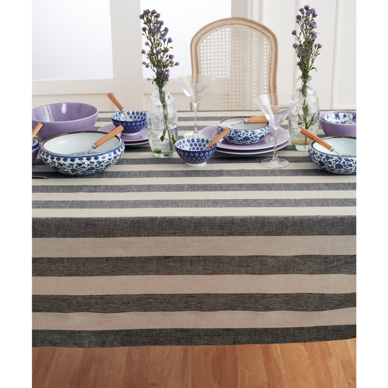 Cabana Stripe - 100% Pure Linen Tablecloth, 120" x 60", Black/Natural
