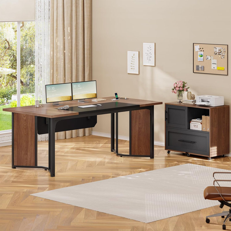 63" Executive Desk With Mobile File Cabinet, L Shaped Desk With Power Outlets, Corner Computer Business Workstation Set