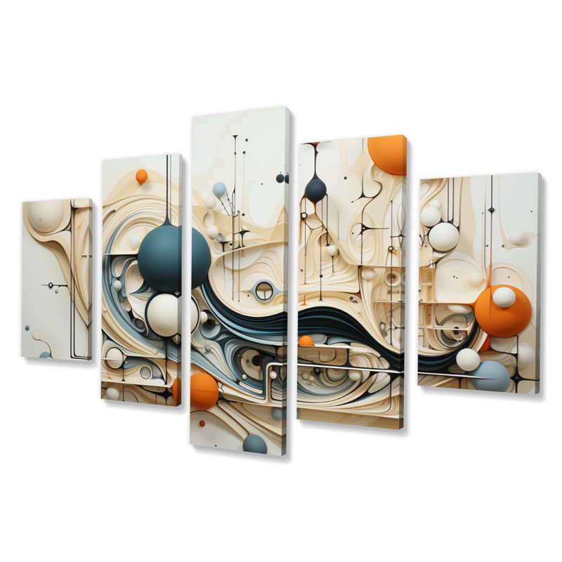 «Teal Orange Line Art Conceptual Abstractions I», reproduction d'art moderne sur toile - 5 panneaux
