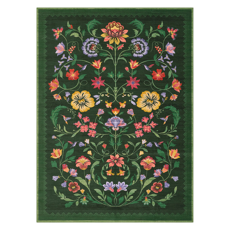 Floral Machine Washable Rug Non-Slip Farmhouse Floor Cover, Stain-Resistant Low Pile Indoor Carpet Mat for Living Room