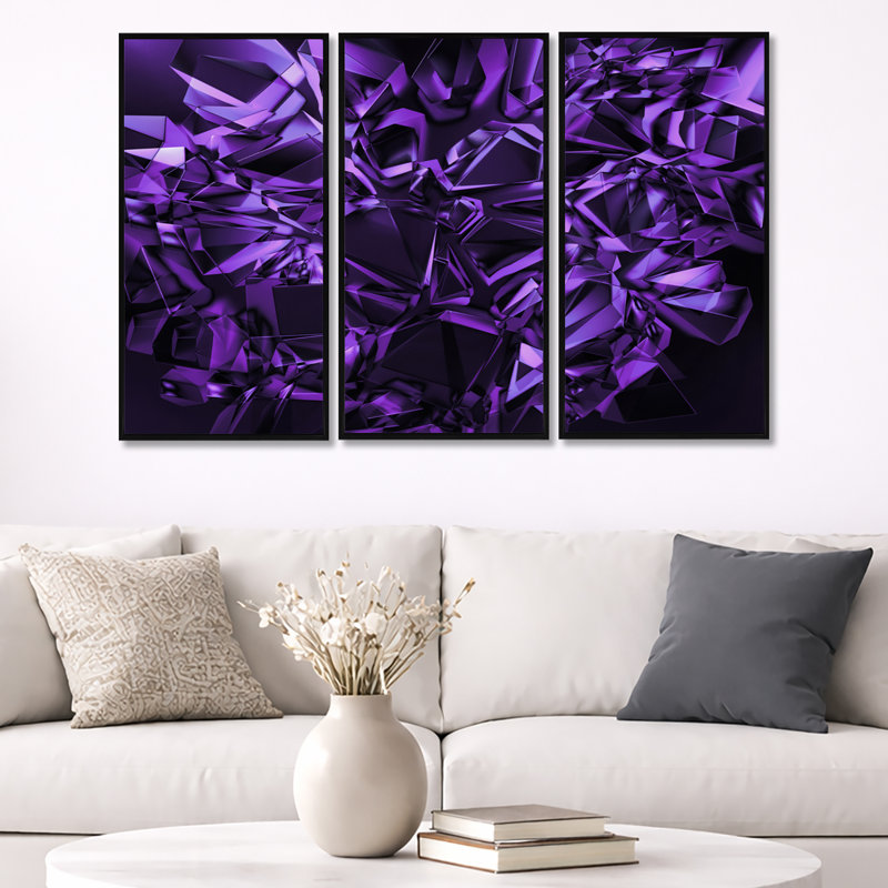 «Purple Crystal Texture Design», ensemble de 3 toiles abstraites encadrées, Cadre noir, H 28 po x l 36 po