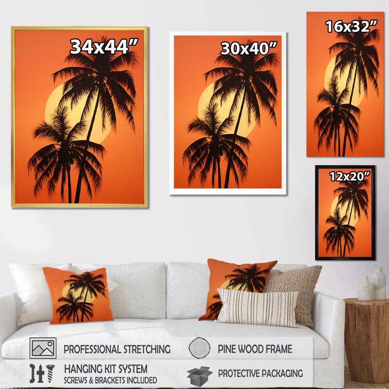 Palmier crépuscule tangerine au coucher du soleil, H 20 po x l 12 po x P 1 po, Toile tendue