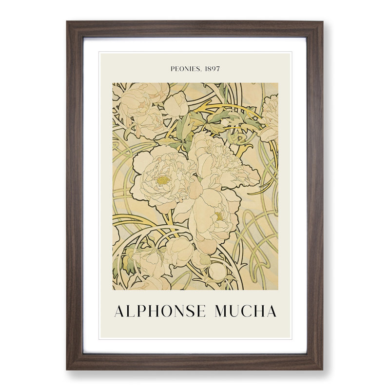 Peonies by Alphonse Mucha - Picture Frame Painting, 36cm H x 27cm W x 2cm D, Walnut
