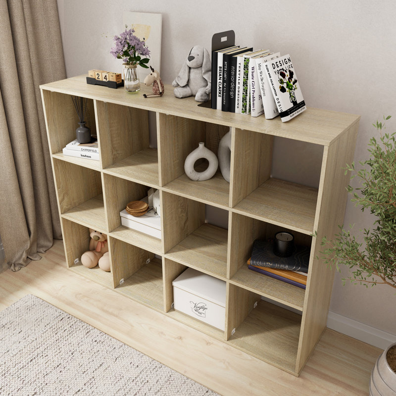 34.96 In. Tall Natural Oak Wood 3-Shelf Etagere Bookcase, Brown, 34.96" H x 46.61" W x 11.73" D