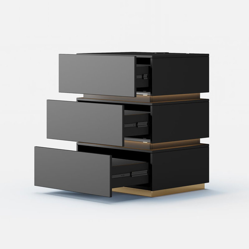 3-Drawer LED Smart Black Beside Table with Wireless Charger