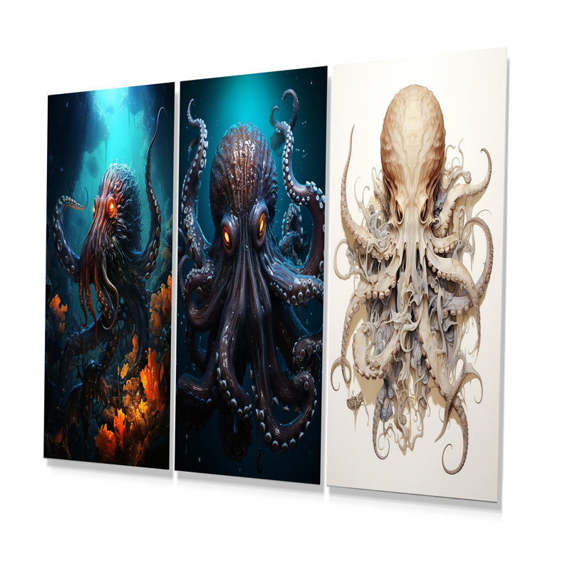 Superheros Octopus Warrior - ensemble de 3 reproductions d'art mural en métal poulpe / calmar, H 28 po x l 36 po