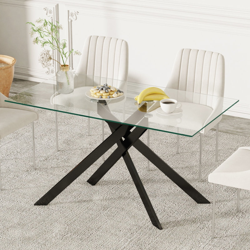Carlinda Glass Dining Table for 4-6 People, Rectangular Kitchen Table with Cross Metal Legs, Modern Dining Table for Small Spaces