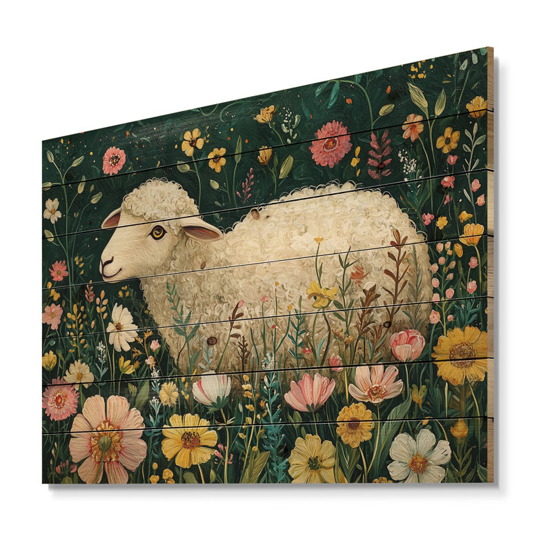 Mignon mouton au printemps II - Art mural en bois de mouton - sur bois de pin naturel, H 34 po x l 44 po x P 0,78 po