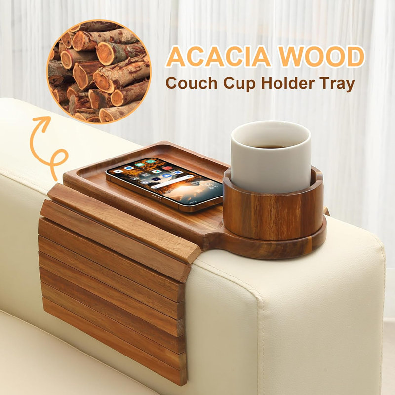 Plateau porte-gobelet pour canapé, table avec accoudoirs en bois d'acacia et support pour téléphone, Marron foncé