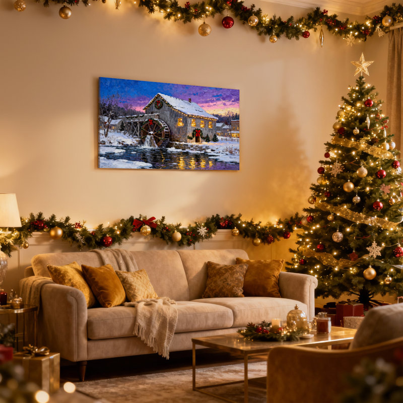 «Christmas Winter Mill Christmas Lights Snowy Scene», ensemble de 3 impressions sur toile, H 16 po x l 24 po