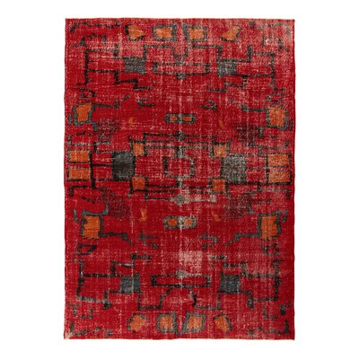 Pasha One-of-a-Kind Hand-Knotted 1960s Vintage Mid-Century Modern Rug in Red/Black/Brown, Distressed Deco Pattern -  Rug & Kilim, 13606