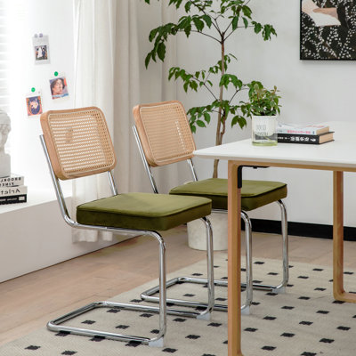 Ensemble de 2 chaises de salle à manger, chaises d'appoint latérales en rotin de velours avec pieds chromés, chaises modernes de style Mid-Century conçues par Breuer, chaises de cuisine de salle à manger rembourrées (2 pièces)