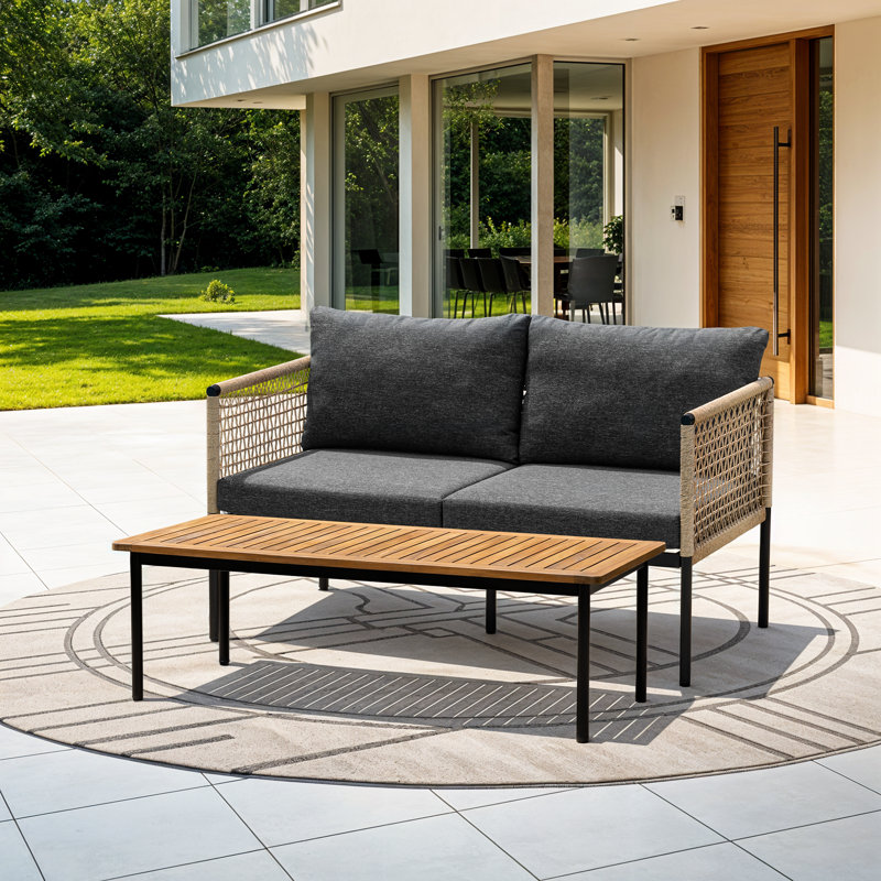 Causeuse et table en osier Oscar - Coussins noirs