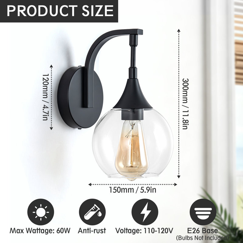 2 Pack Wall Sconces , Balck Wall Sconce Light with Clear Glass Shade