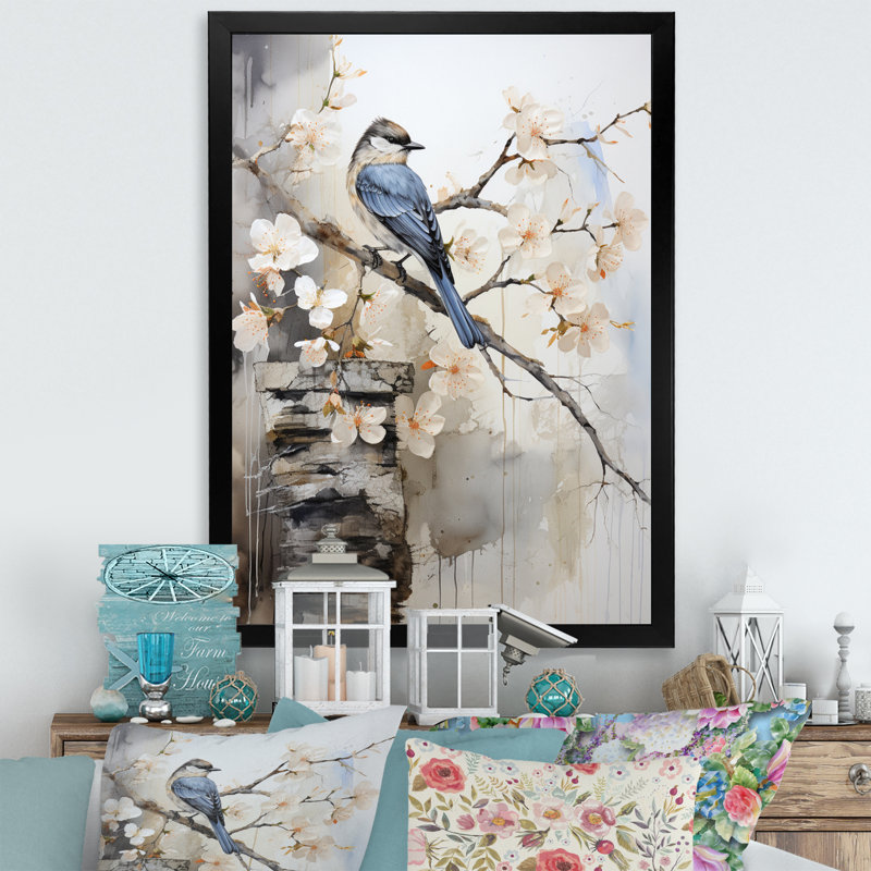 Asian Art Bird Sumi V - impressions sur toile asiatiques, Cadre photo noir simple, H 20 po x l 12 po x P 1 po