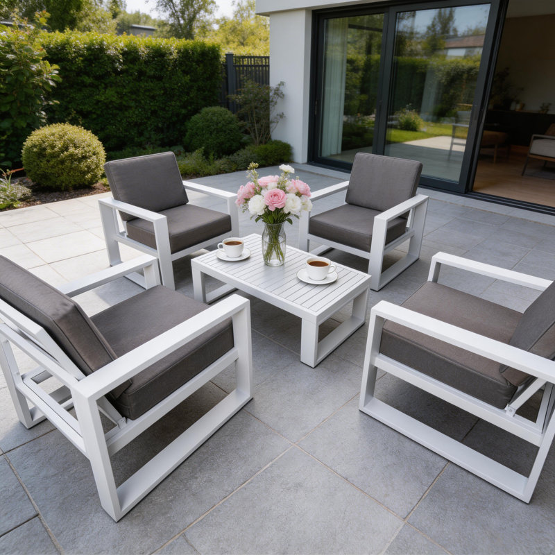 Ensemble de meubles de patio en aluminium 5 pièces avec 4 chaises, Blanc, Non