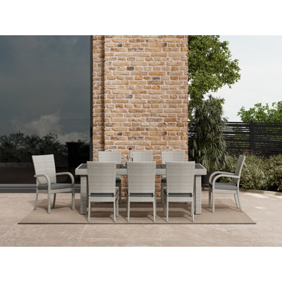 Ensemble repas 9 pièces tissé pour patio, gris foncé et bleu marine